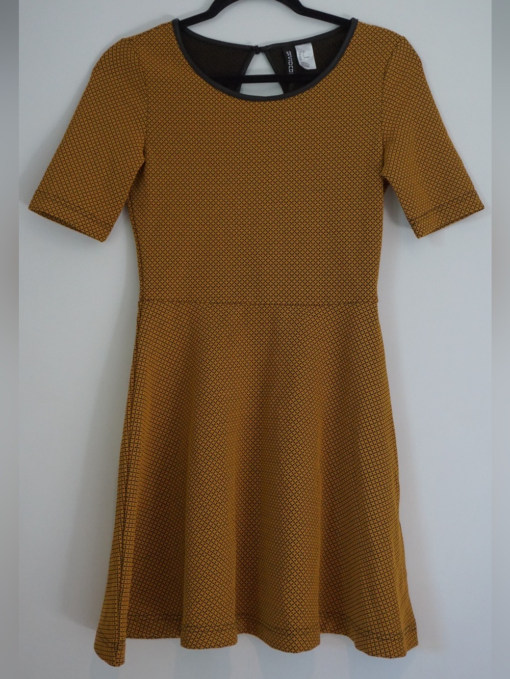 H&M Mustard Textured Fit-and-Flare Midi Dress with Black Trim